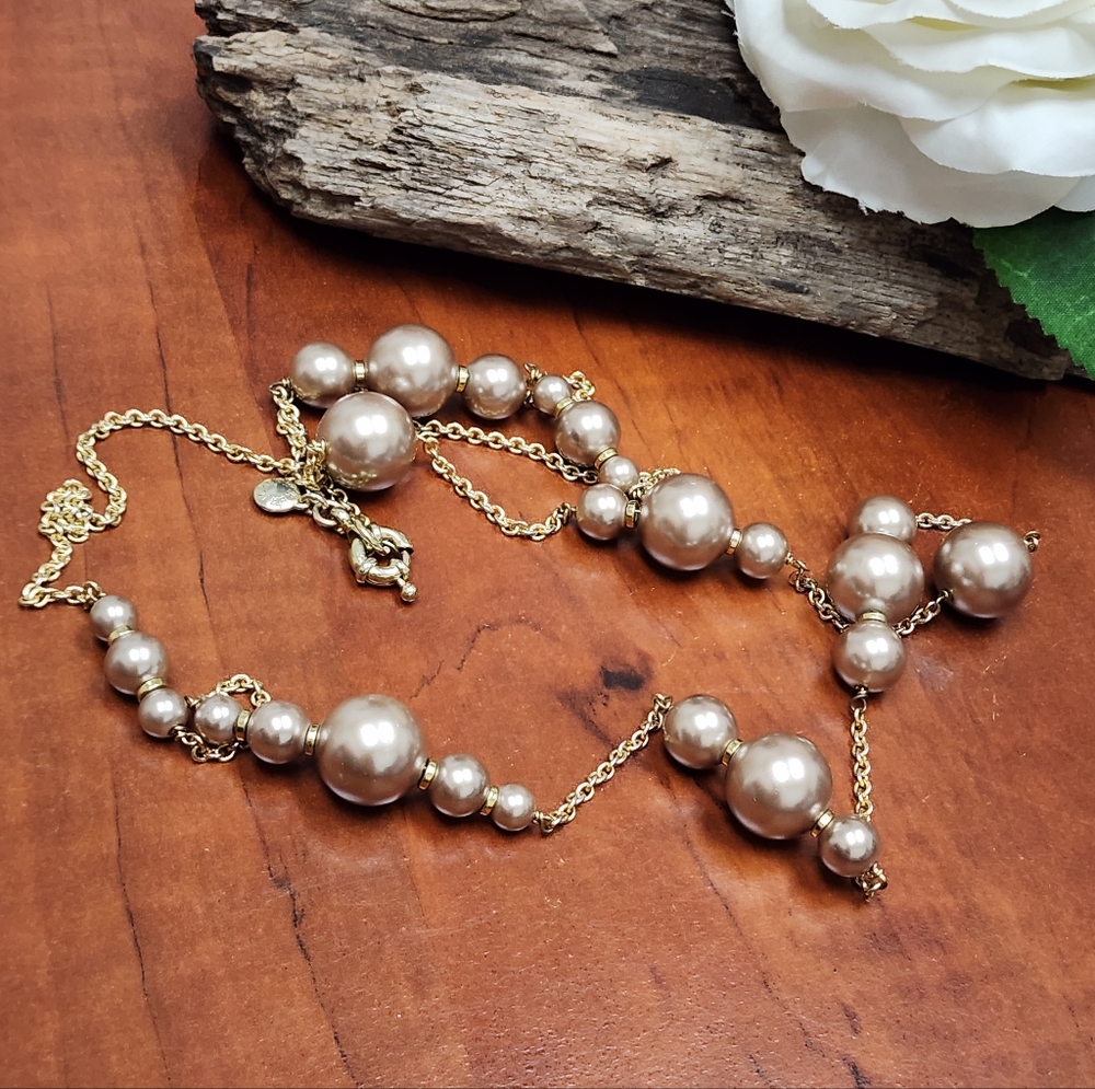 Vintage J. Crew Long Layering Necklace 32" Gold Toned Chain With Faux Pearls